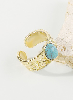 跨境复古宫廷风镶松石开口戒个性