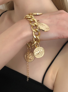 欧美跨境粗链条手饰女 人像硬币夸张朋克嘻哈风手链几何配饰配饰