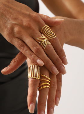 跨境复古不规则线条宽面多层戒指