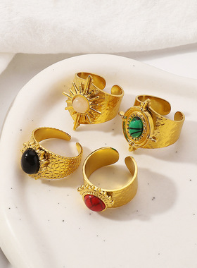 欧美复古百搭奢华气质高端戒指 INS宫廷风轻奢宝石加宽开口指环女