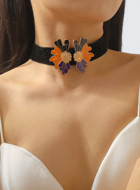 欧美跨境小众复古花朵颈链植绒布