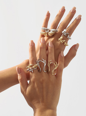 欧美夸张个性设计鹿角翅膀开口高端戒指两件套 简约时尚指环套装