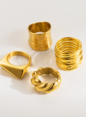 法式夸张个性三角环形锤纹奢华气质高端戒指 不规则复古时尚指环