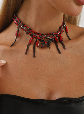 复古个性y2k辣妹红色豹纹皮质链