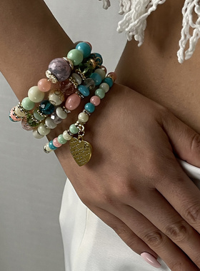 欧美时尚新款彩色波西米亚民族风桃心吊坠多层弹力米珠手串首饰女