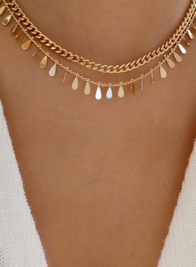 跨境小众金属双层颈链水滴型亮片