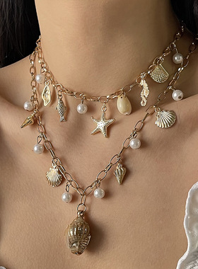 欧美跨境海洋风珍珠流苏高端项链necklace沙滩海星贝壳吊坠项饰女