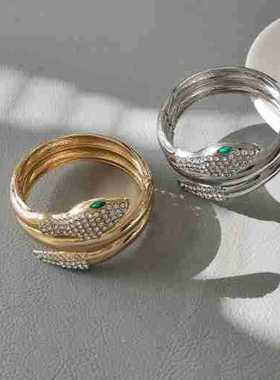 欧美镶钻灵蛇多层环绕奢华高端手镯 设计感个性嘻哈潮流开口手环