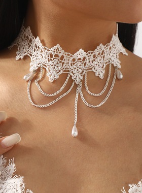 跨境暗黑复古仿珍珠蕾丝颈链chok