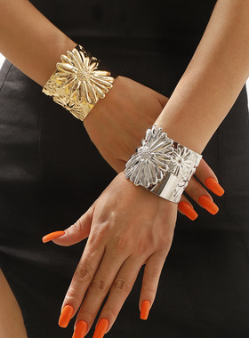 跨境新款时尚复古花朵金属质感开