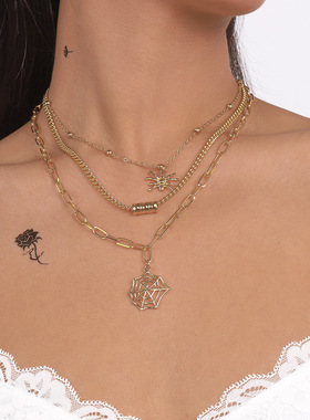 N9184欧美万圣项链蜘蛛网多层简