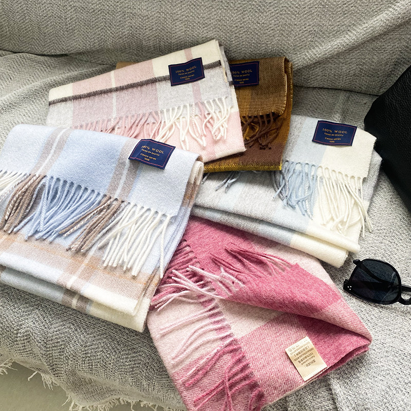 冬季新款100%澳洲羊毛围巾女格纹提花保暖加厚粉色围脖送朋友礼物