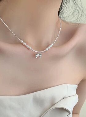银色蝴蝶珍珠锁骨链女小众轻奢