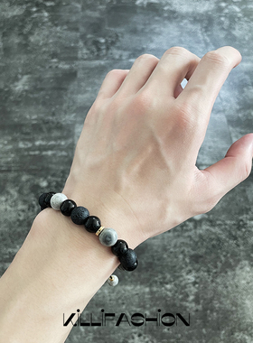 几何火山石串珠手串时尚个性ins黑色手链小众暗黑风配饰品可调节