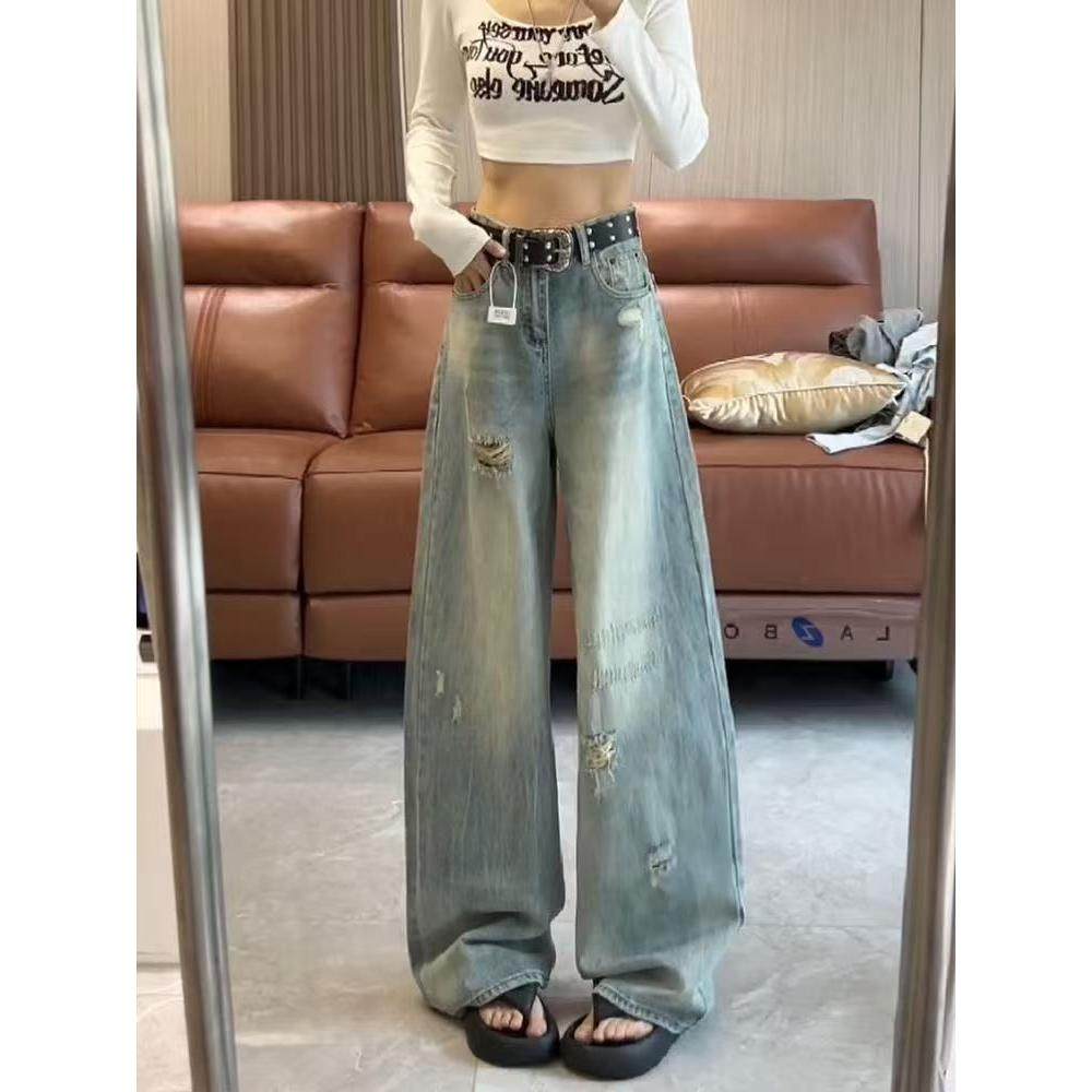 2025年秋季新款复古高腰宽松显瘦破洞牛仔裤女新款设计感直筒阔腿,淘宝优惠券,粉丝福利购,淘宝优惠卷