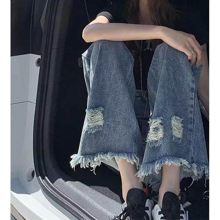 毛边破洞直筒裤女小个子春秋2025新款宽松高街vibe设计感九分裤潮,淘宝优惠券,粉丝福利购,淘宝优惠卷