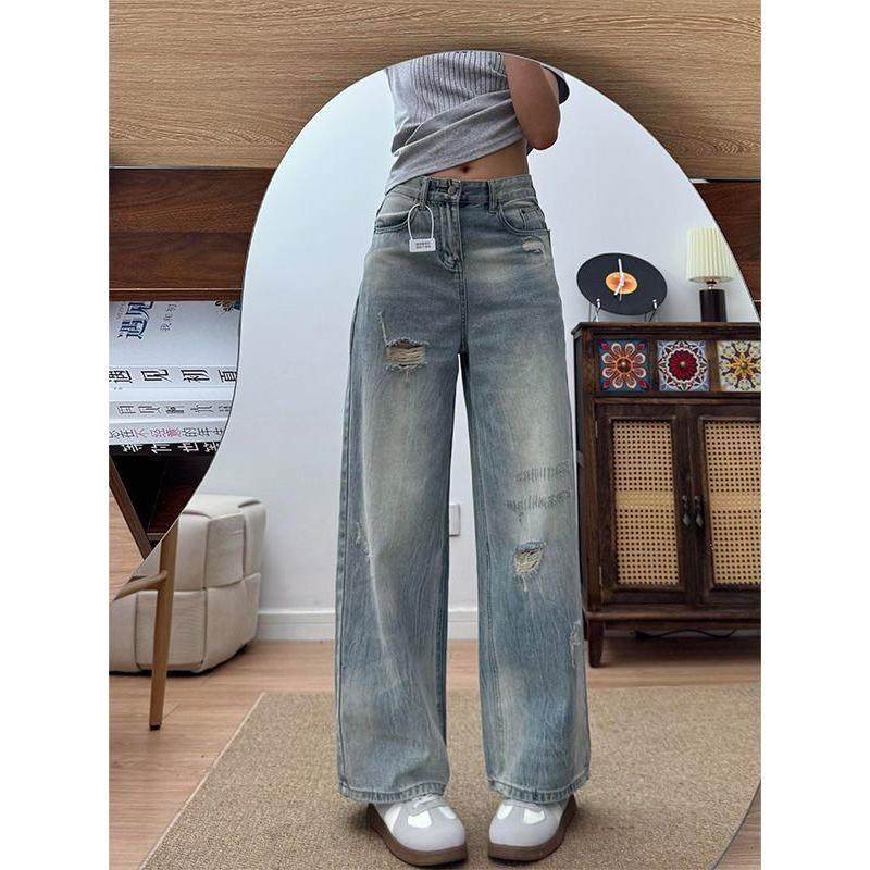 2025年秋季新款复古高腰宽松显瘦破洞牛仔裤女新款设计感直筒阔腿,淘宝优惠券,粉丝福利购,淘宝优惠卷