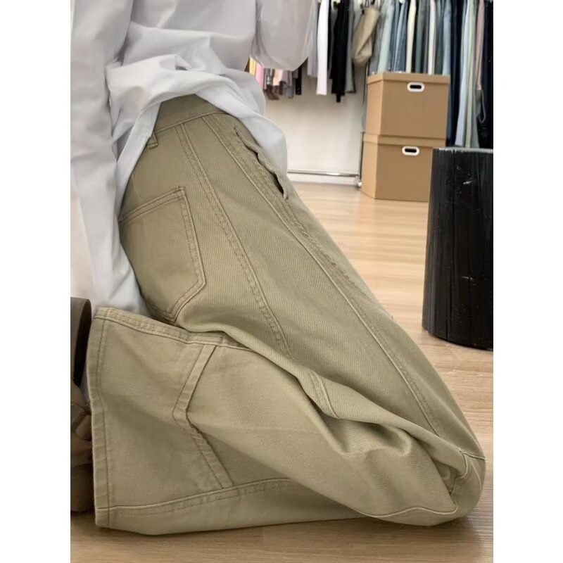 卡其色阔腿牛仔裤女2025年春新款设计感美式工装宽松直筒拖地裤子 - 图3