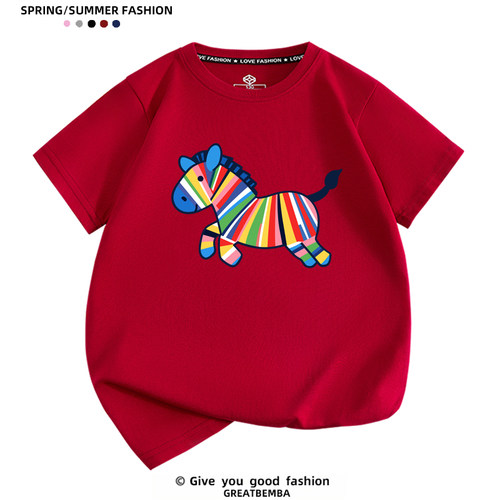 新年马年t恤本命年短袖酒红色全家装T恤家庭装过年亲子装男女儿童 - 图2