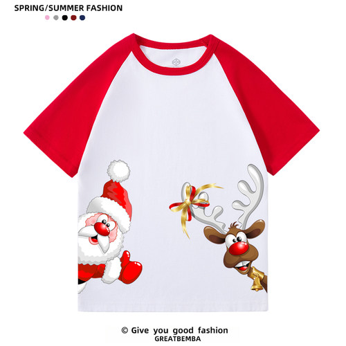 Christmas圣诞老人麋鹿红色绿色圣诞节T恤男女儿童圣诞亲子装大码 - 图1