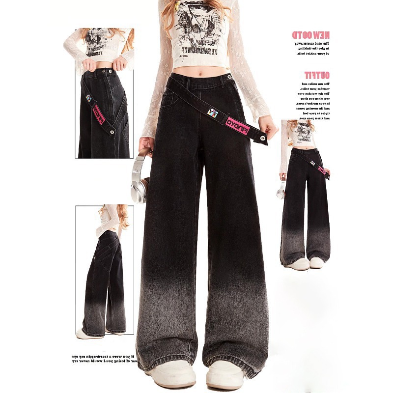 大码侧拉链渐变阔腿牛仔裤女2025新款高腰宽松直筒裤梨型身材裤子 - 图1