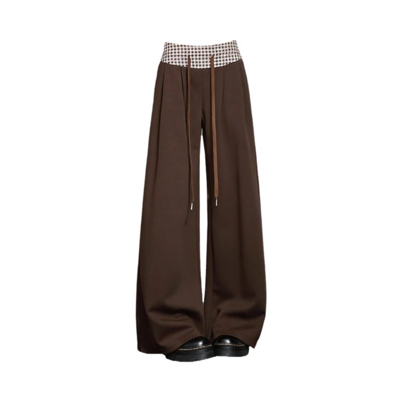 美拉德棕色阔腿长裤女大码胖mm高腰系带宽松格纹拼接简约休闲裤子,淘宝优惠券,粉丝福利购,淘宝优惠卷