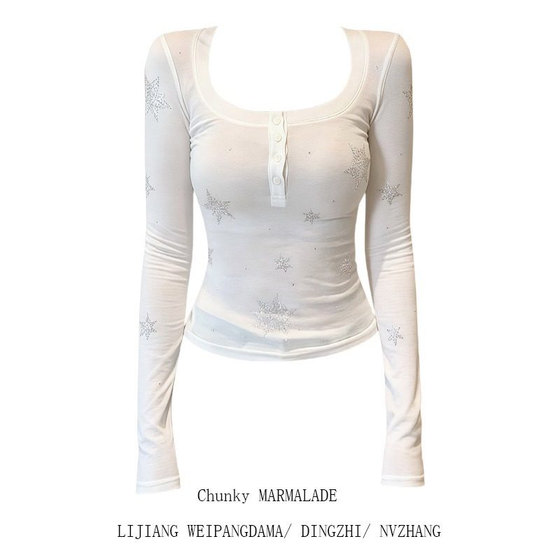 大码设计感白色雪花烫钻亨利领长袖t恤女春季内搭外穿打底衫上衣,淘宝优惠券,粉丝福利购,淘宝优惠卷