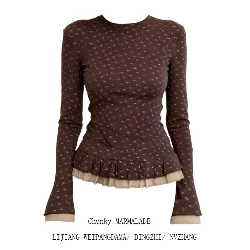 大码复古圆领双层花边设计感碎花长袖T恤秋冬喇叭袖修身显瘦上衣,淘宝优惠券,粉丝福利购,淘宝优惠卷