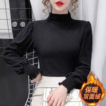 Double sided Develvet undershirt woman 202 spring autumn winter new plus suede thickened 100 hitch lap long sleeve semi-high collar T-shirt