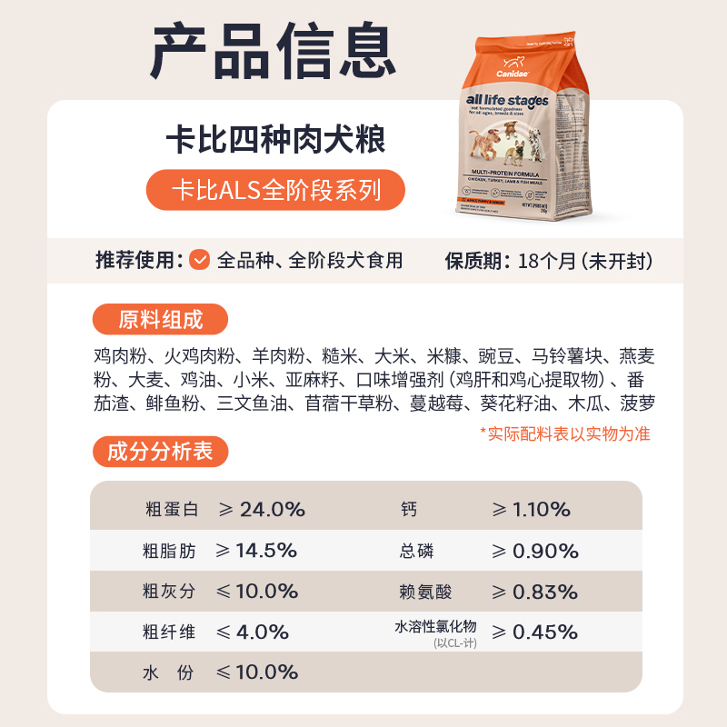 【批次25年2月】卡比四种肉进口狗粮泰迪通用全犬粮44磅19.9kg - 图0