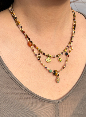 LAZY CIRCLES虎眼石多吊坠宝石项链女复古高级感流苏美拉德毛衣链