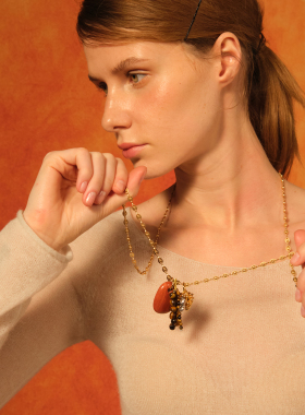 LAZY CIRCLES红运守护松果毛衣链女虎眼石串珠多元素流苏长款项链