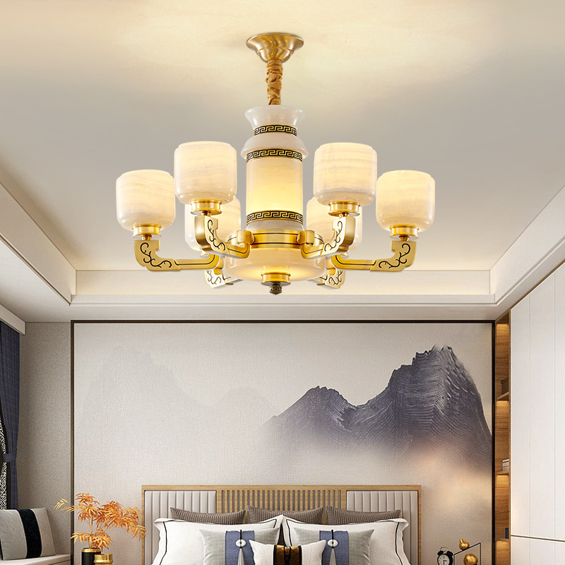 新中式全铜玉石客厅吊灯中国风餐厅卧室灯高端大气别墅复式楼大灯 - 图2