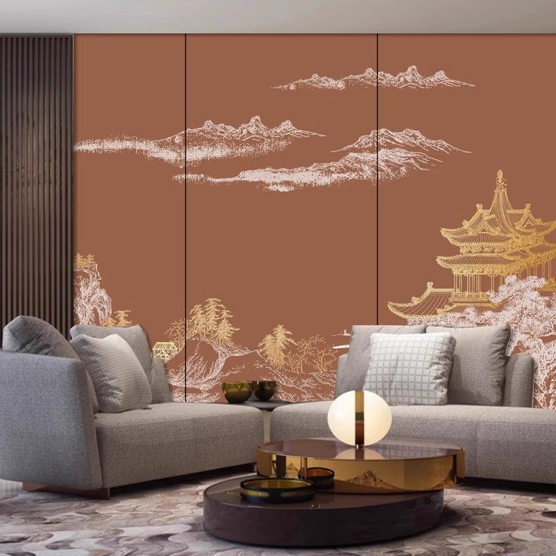 轻奢新中式线条山水楼阁建筑背景墙壁纸客厅沙发卧室墙布别墅壁画,淘宝优惠券,粉丝福利购,淘宝优惠卷