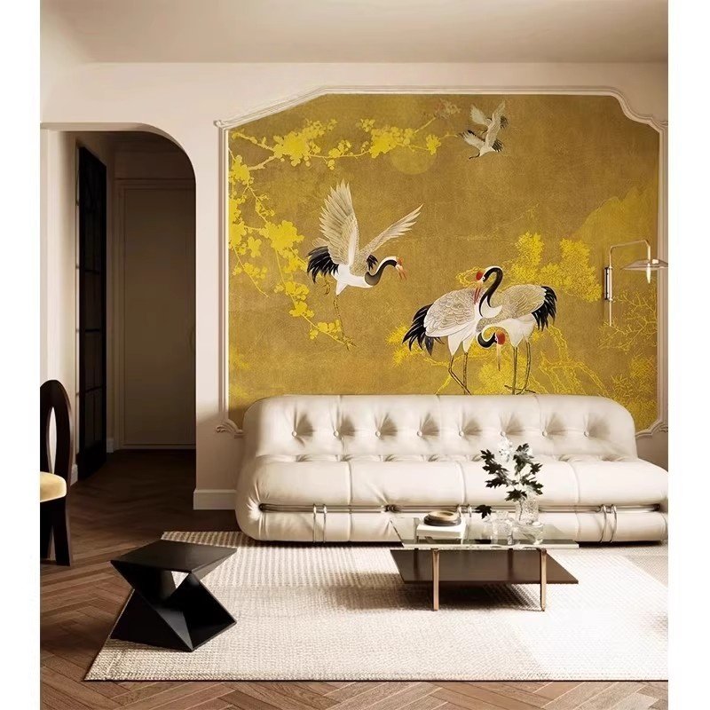定制新中式民宿酒店金枝仙鹤壁纸复古中古风客厅沙发背景墙纸墙布,淘宝优惠券,粉丝福利购,淘宝优惠卷