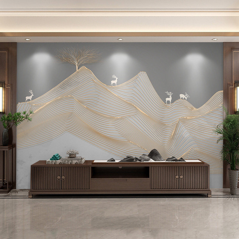 8d抽象麋鹿新中式电视背景墙壁纸轻奢沙发背景墙纸客厅3d无缝墙布,淘宝优惠券,粉丝福利购,淘宝优惠卷