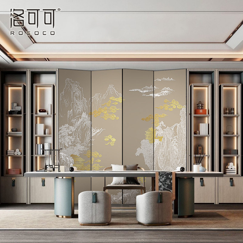 轻奢新中式线条山水楼阁建筑背景墙壁纸客厅沙发卧室墙布别墅壁画,淘宝优惠券,粉丝福利购,淘宝优惠卷