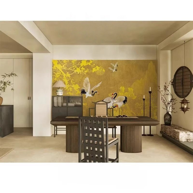 定制新中式民宿酒店金枝仙鹤壁纸复古中古风客厅沙发背景墙纸墙布,淘宝优惠券,粉丝福利购,淘宝优惠卷