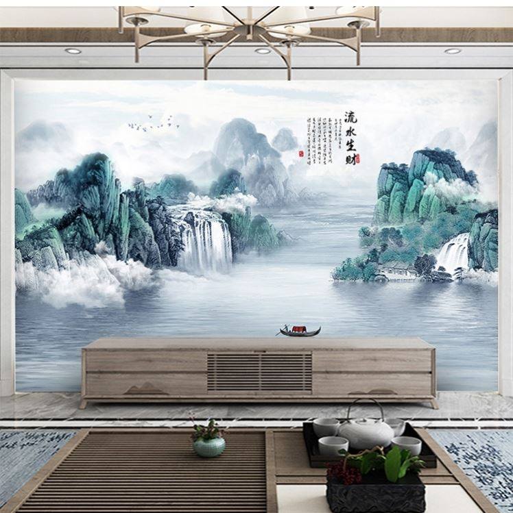 新中式大气客厅沙发电视背景墙画山水壁纸轻奢墙纸3d立体壁画墙布,淘宝优惠券,粉丝福利购,淘宝优惠卷