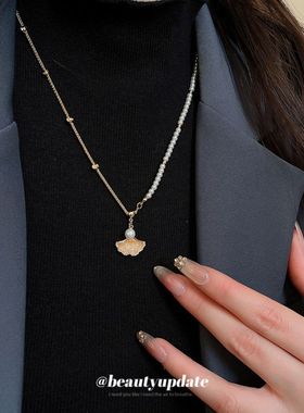 真金电镀锆石枫叶珍珠项链精致