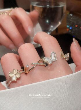 真金电镀锆石花朵珍珠开口戒指