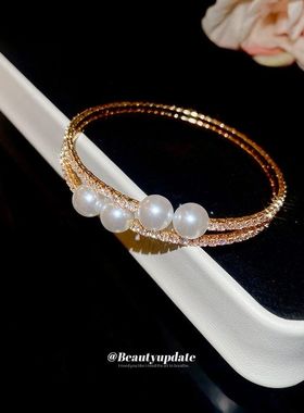 镶钻珍珠双层开口手镯轻奢时尚