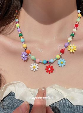 多巴胺彩色花朵项链耳环套装小
