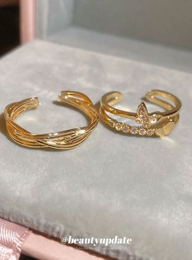 法式复古锆石蝴蝶开口戒指简约