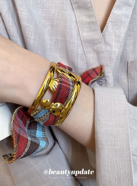 布艺格子金属葫芦开口手镯小众