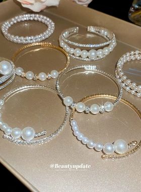 镶钻不规则多层珍珠开口手镯法式