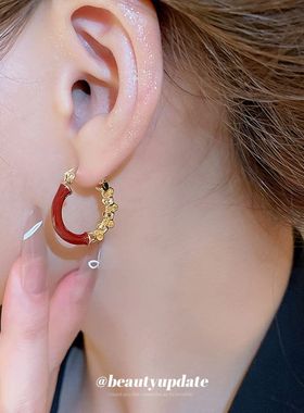 安可拉红色滴油拼接圆圈耳扣小众