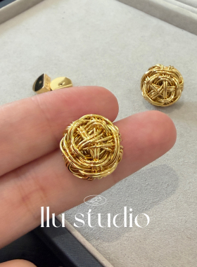 LLuStudio金色编织半球形耳钉复古小众毛线大圆球麻花气质耳饰