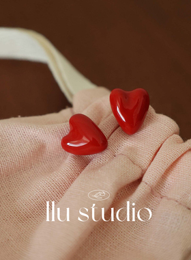 LLuStudio心落朱砂甜美爱心滴釉耳钉法式浪漫项链套装