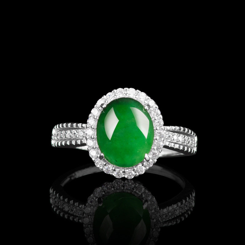 Cuiyingfu Cuiyingfu S925 silver inlaid with natural A goods jade sun green large cabochon ring ice jade D116